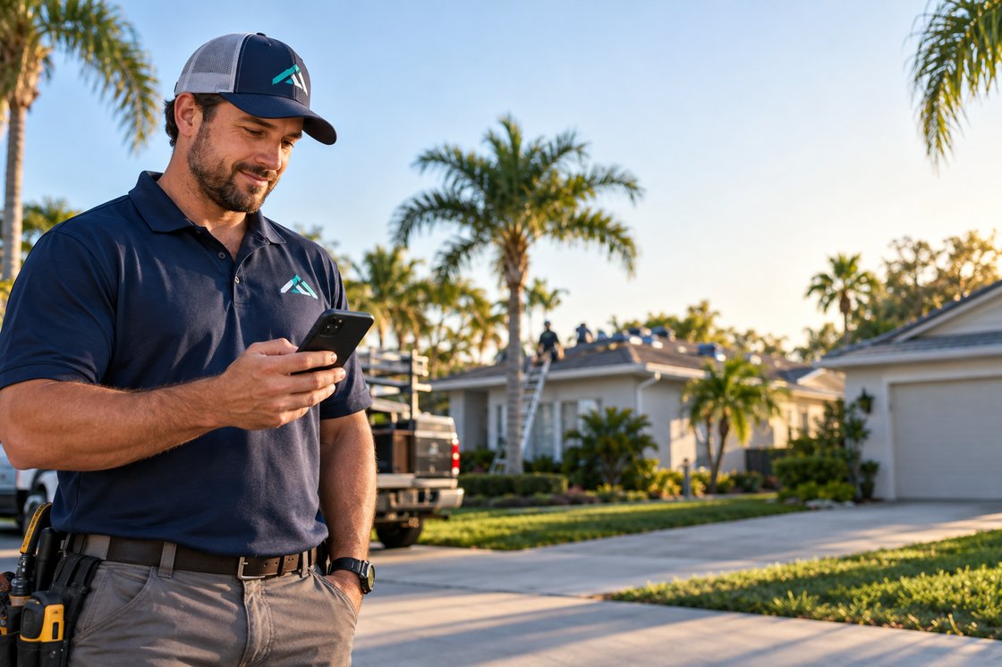Roofing contractor managing a job from the field on ProGuild
